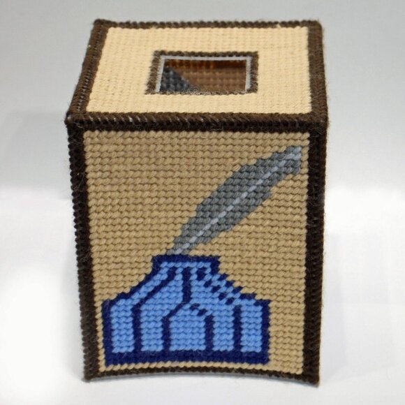 Vintage Handmade Needlepoint Square Tissue Box Cover Decor Inkwell Desk Browns - Picture 2 of 2